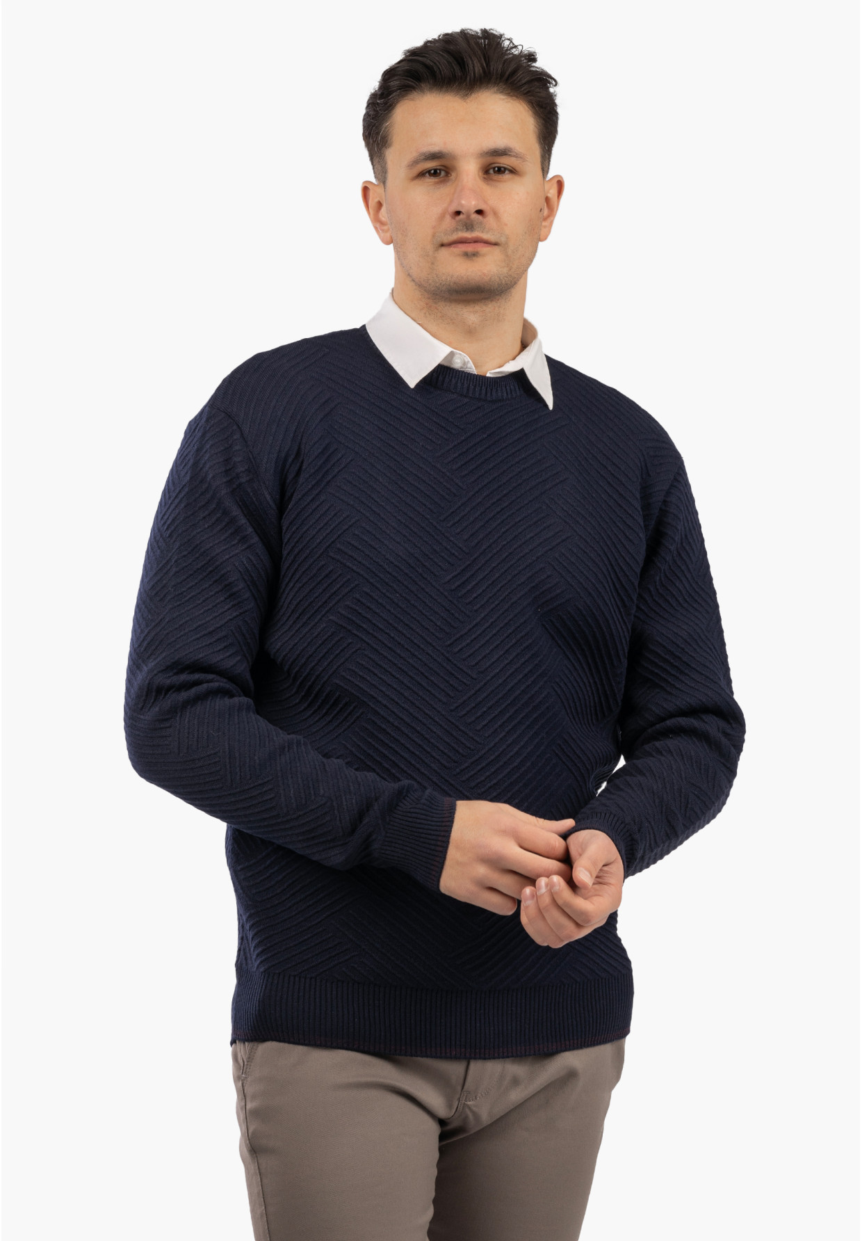 Sweter Męski Zimowy Wełniany Ciepły Klasyczny Elegancki Granatowy