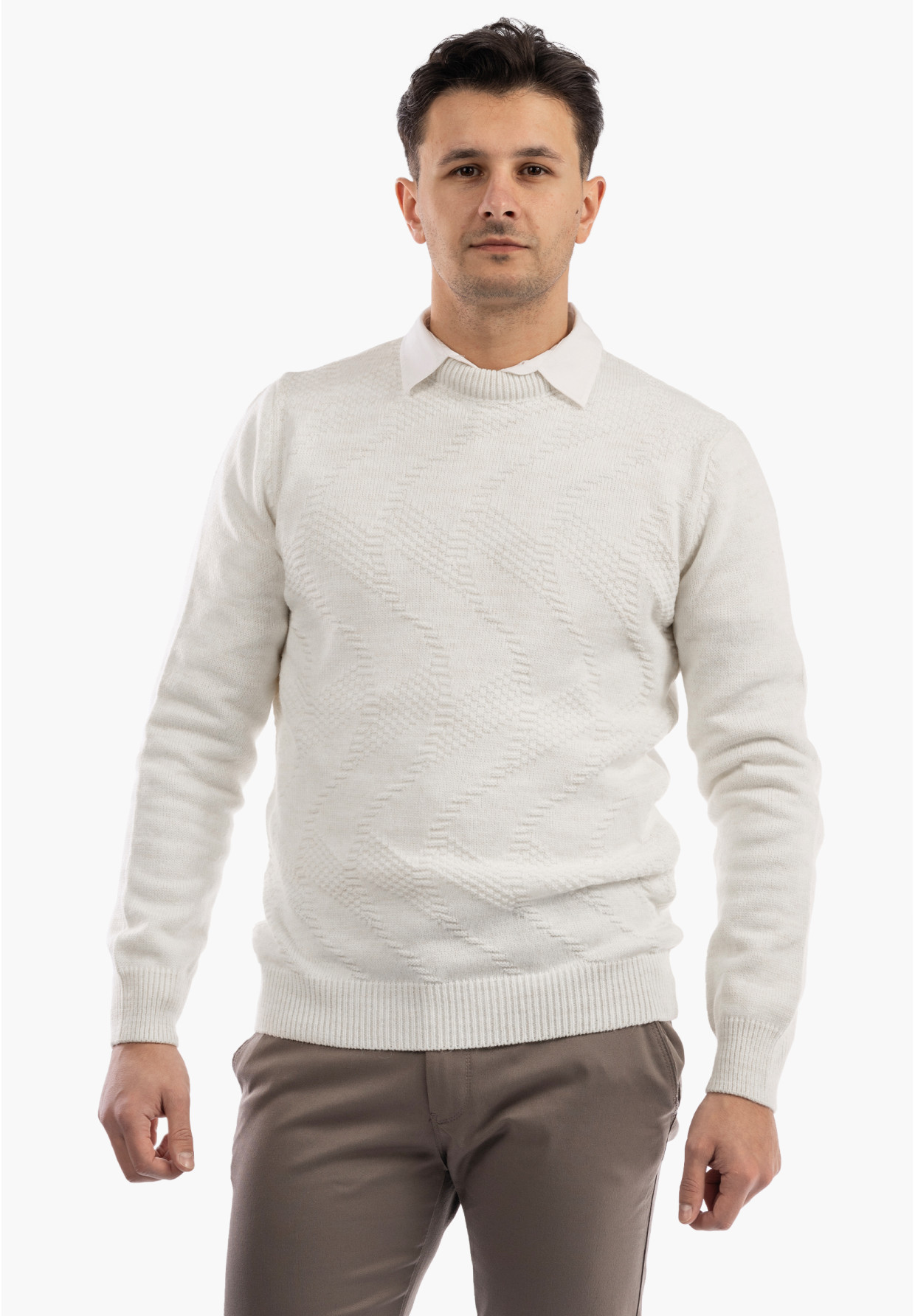 Sweter Męski Zimowy Wełniany Ciepły Elegancki Stylowy Kremowy