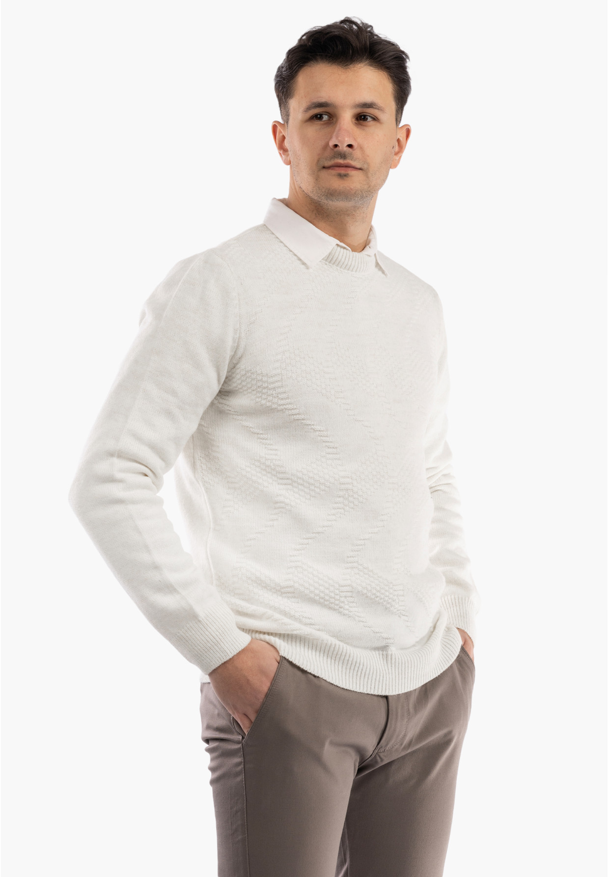 Sweter Męski Zimowy Wełniany Ciepły Elegancki Stylowy Kremowy