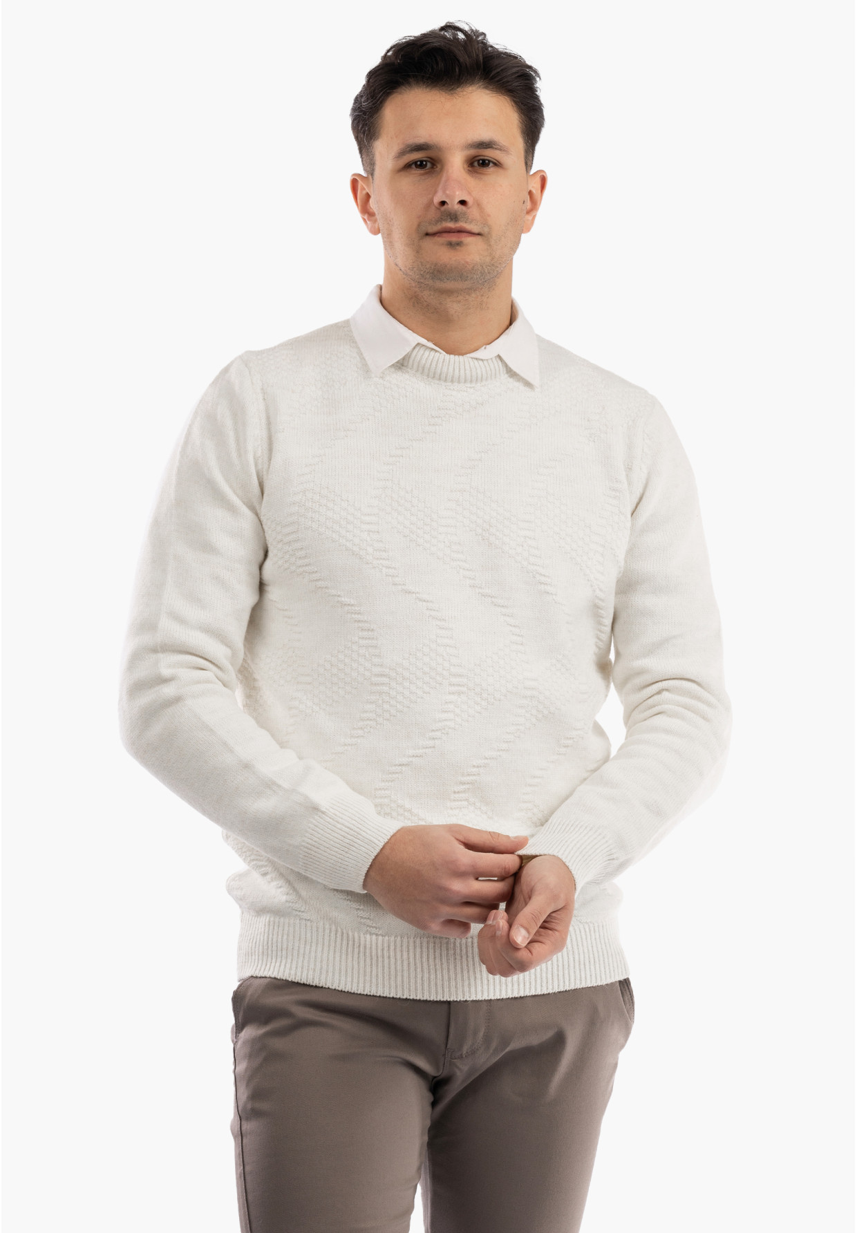 Sweter Męski Zimowy Wełniany Ciepły Elegancki Stylowy Kremowy
