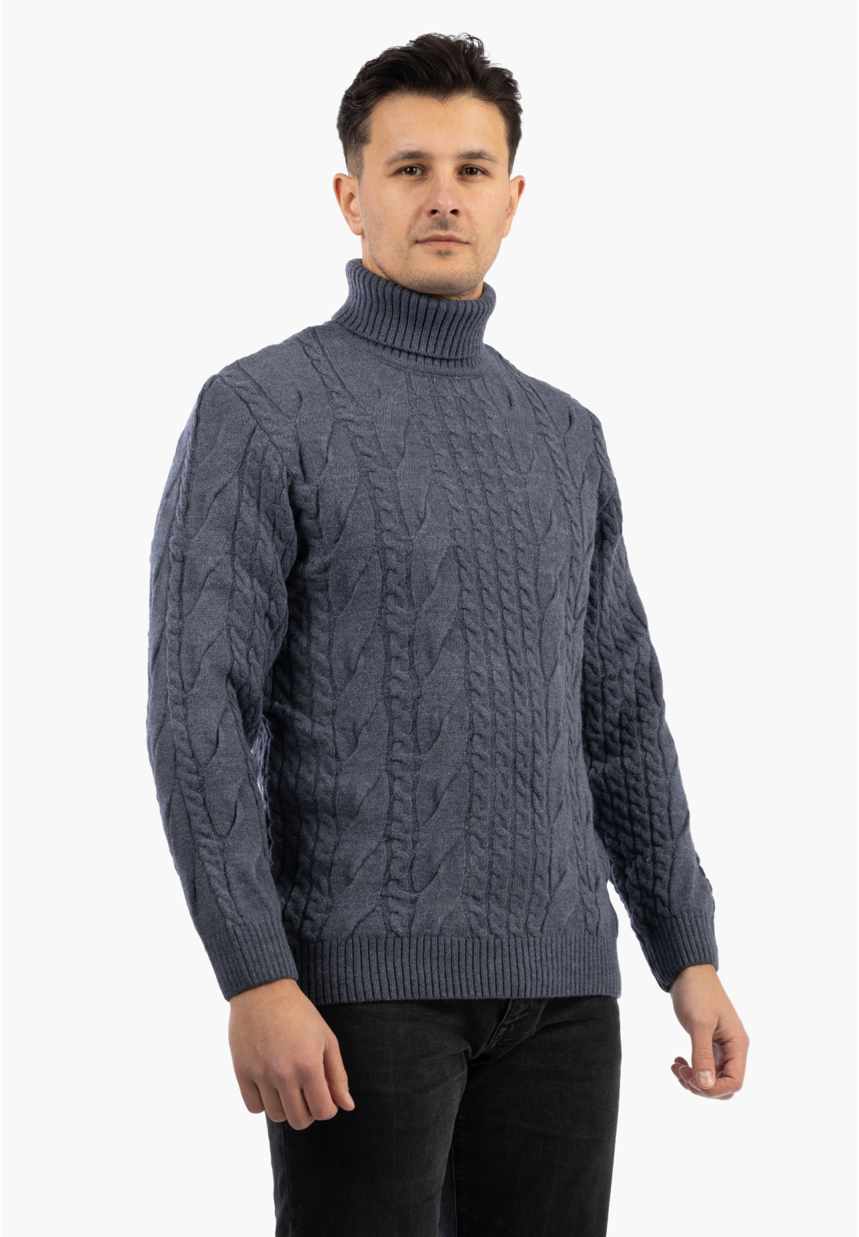 Sweter Męski Golf Jasny Granatowy Gruby Zimowy Wełniany Ciepły