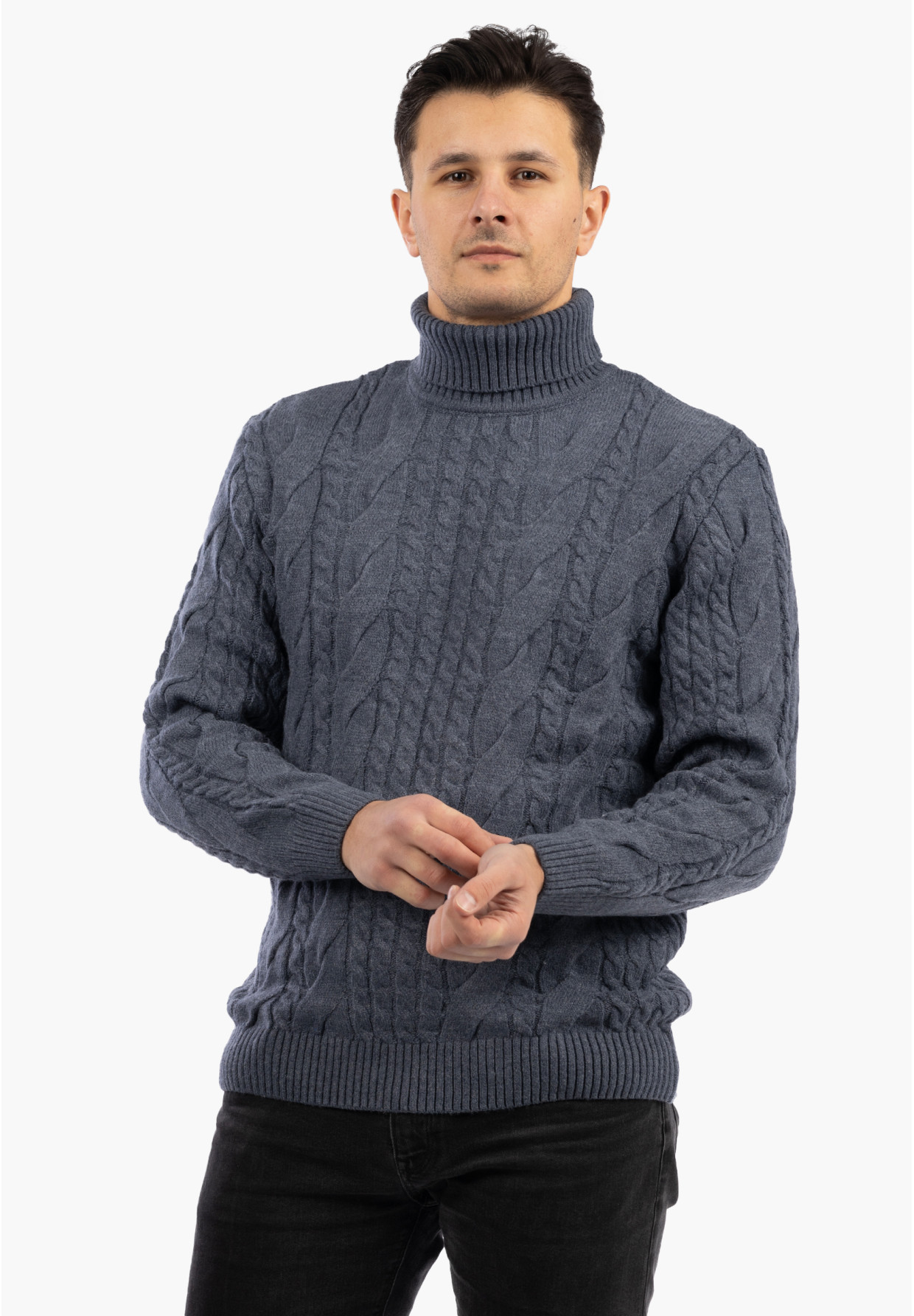 Sweter Męski Golf Jasny Granatowy Gruby Zimowy Wełniany Ciepły