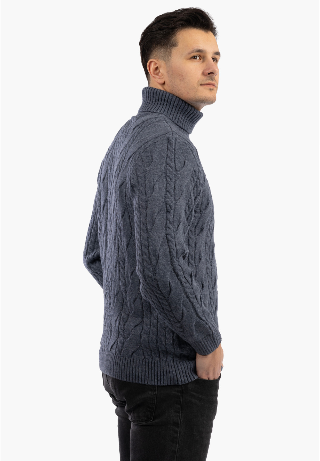 Sweter Męski Golf Jasny Granatowy Gruby Zimowy Wełniany Ciepły