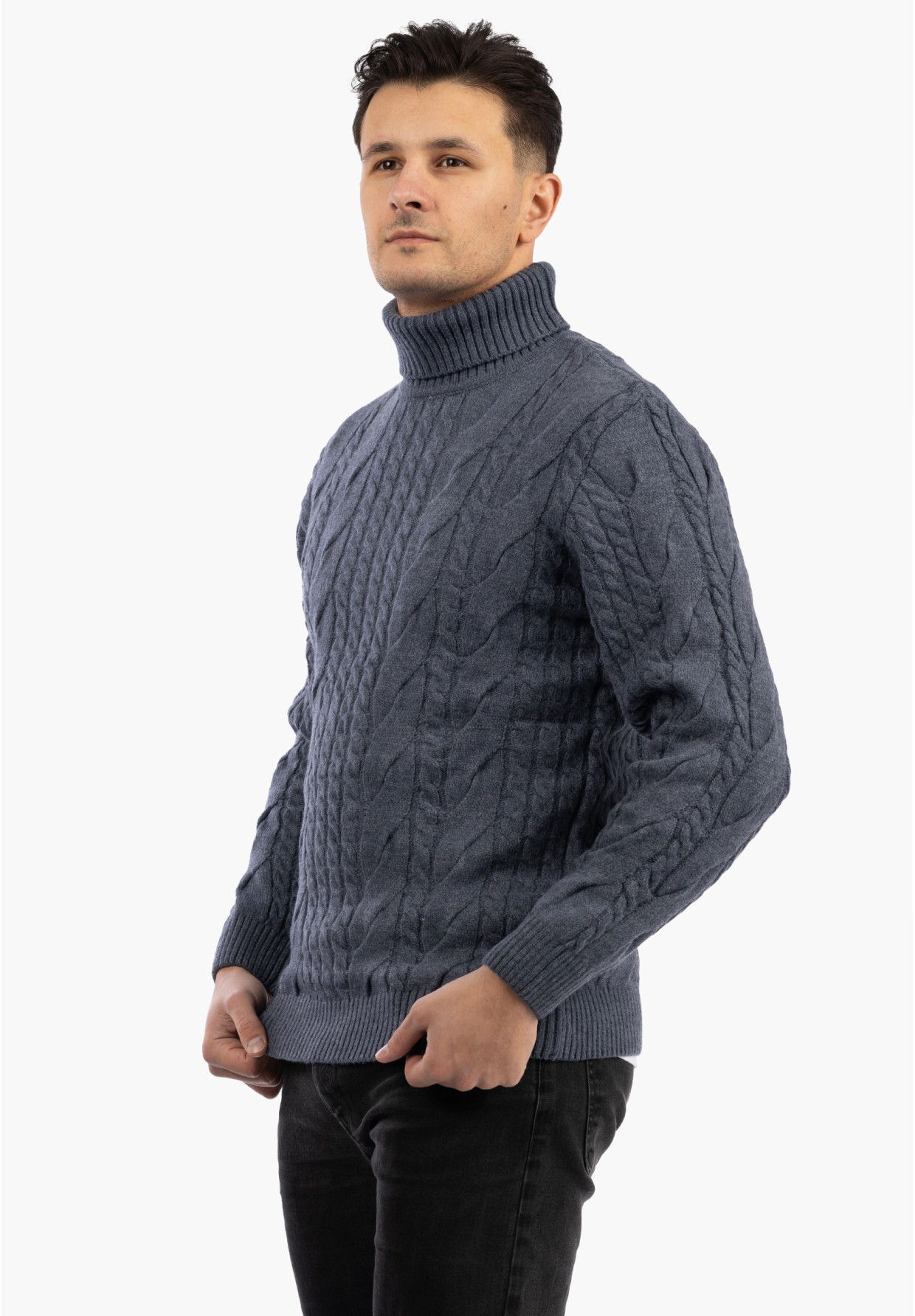 Sweter Męski Golf Jasny Granatowy Gruby Zimowy Wełniany Ciepły