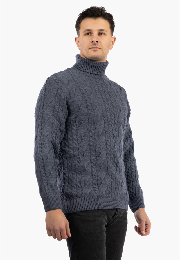 Sweter Męski Golf Jasny Granatowy Gruby Zimowy Wełniany Ciepły