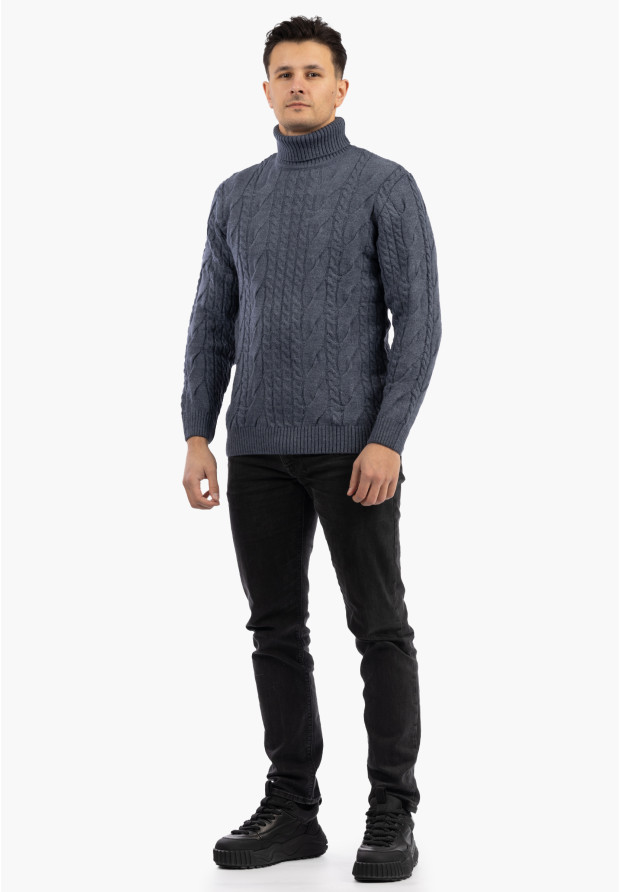 Sweter Męski Golf Jasny Granatowy Gruby Zimowy Wełniany Ciepły