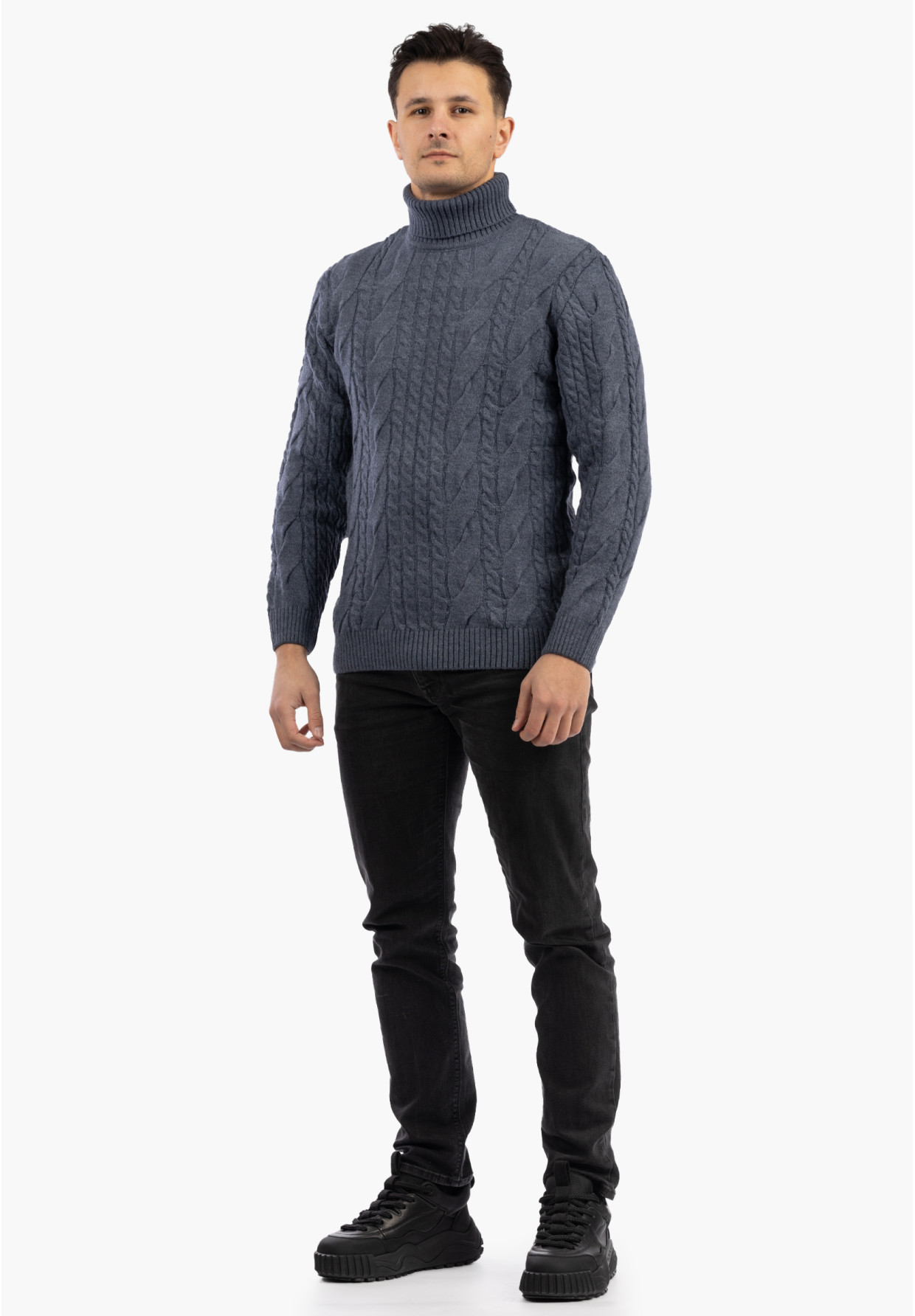 Sweter Męski Golf Jasny Granatowy Gruby Zimowy Wełniany Ciepły