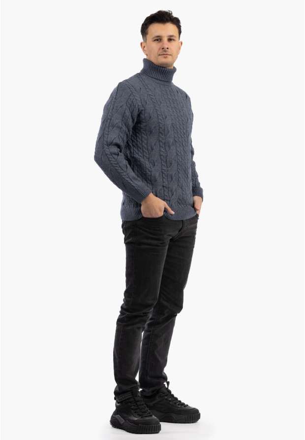 Sweter Męski Golf Jasny Granatowy Gruby Zimowy Wełniany Ciepły