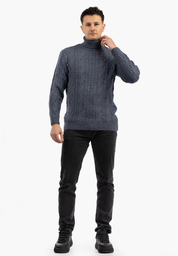 Sweter Męski Golf Jasny Granatowy Gruby Zimowy Wełniany Ciepły