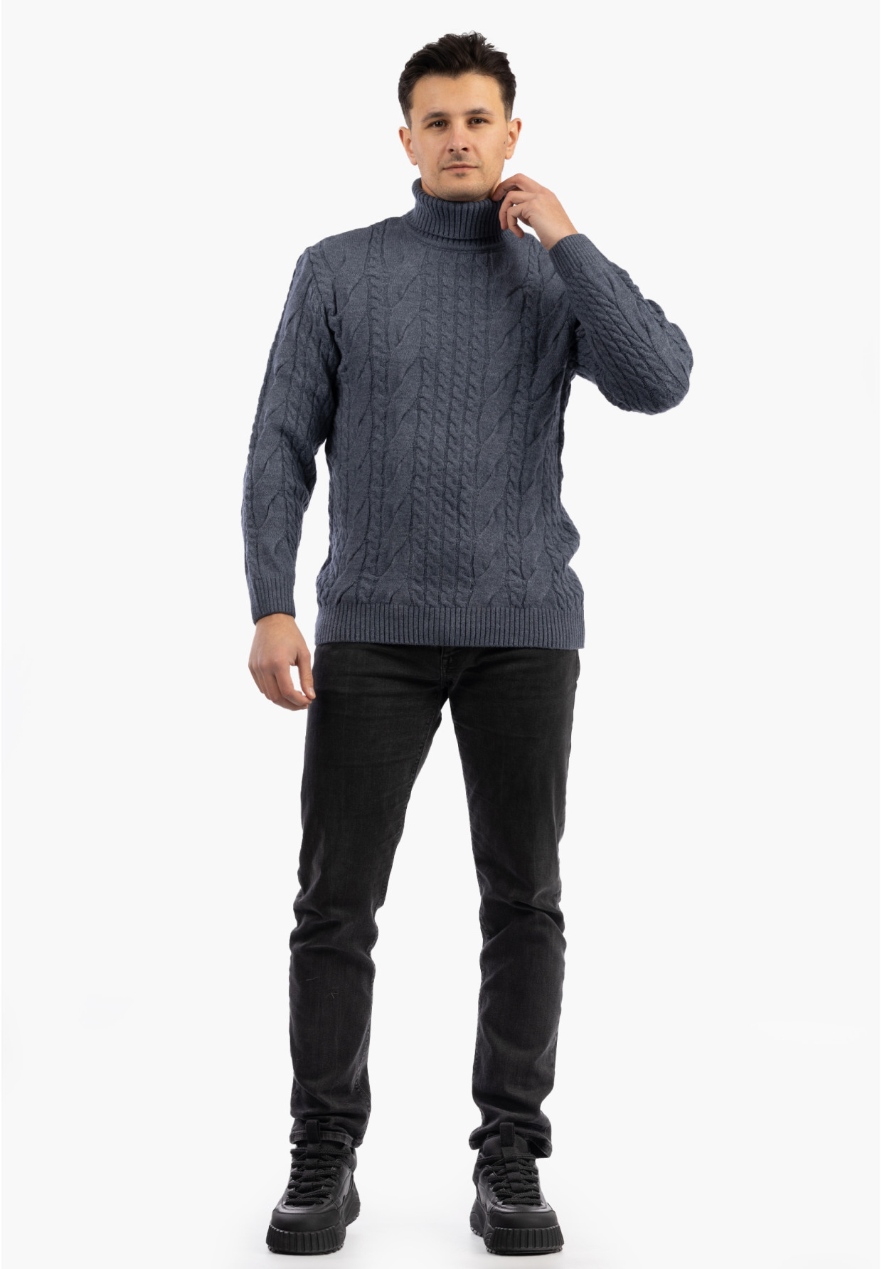 Sweter Męski Golf Jasny Granatowy Gruby Zimowy Wełniany Ciepły