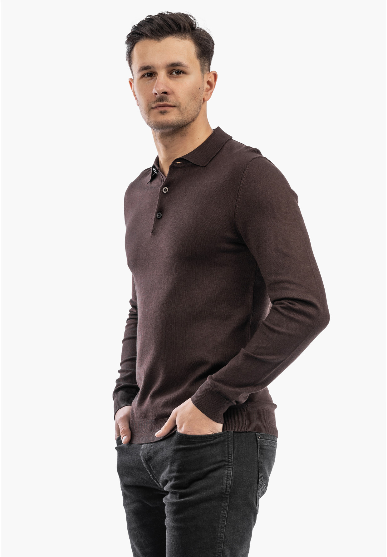 Sweter Męski Z Guzikami Elegancki Wiskoza Dopasowany Brązowy