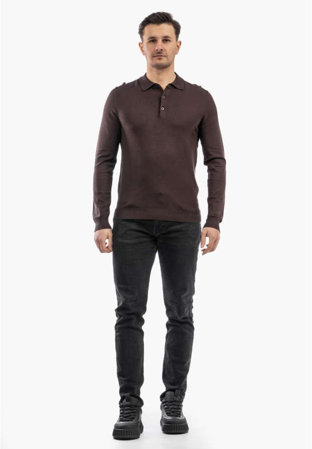Sweter Męski Z Guzikami Elegancki Wiskoza Dopasowany Brązowy