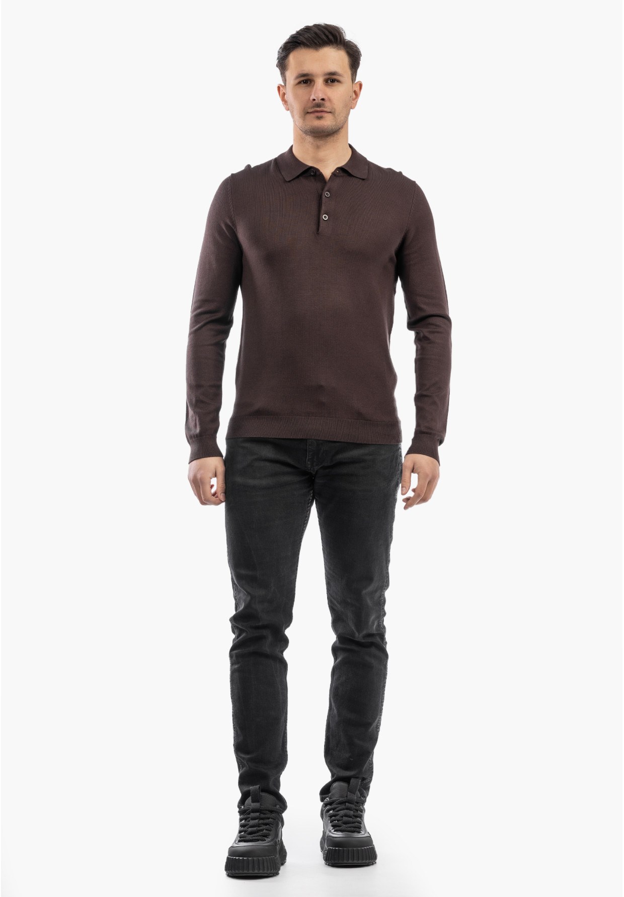 Sweter Męski Z Guzikami Elegancki Wiskoza Dopasowany Brązowy