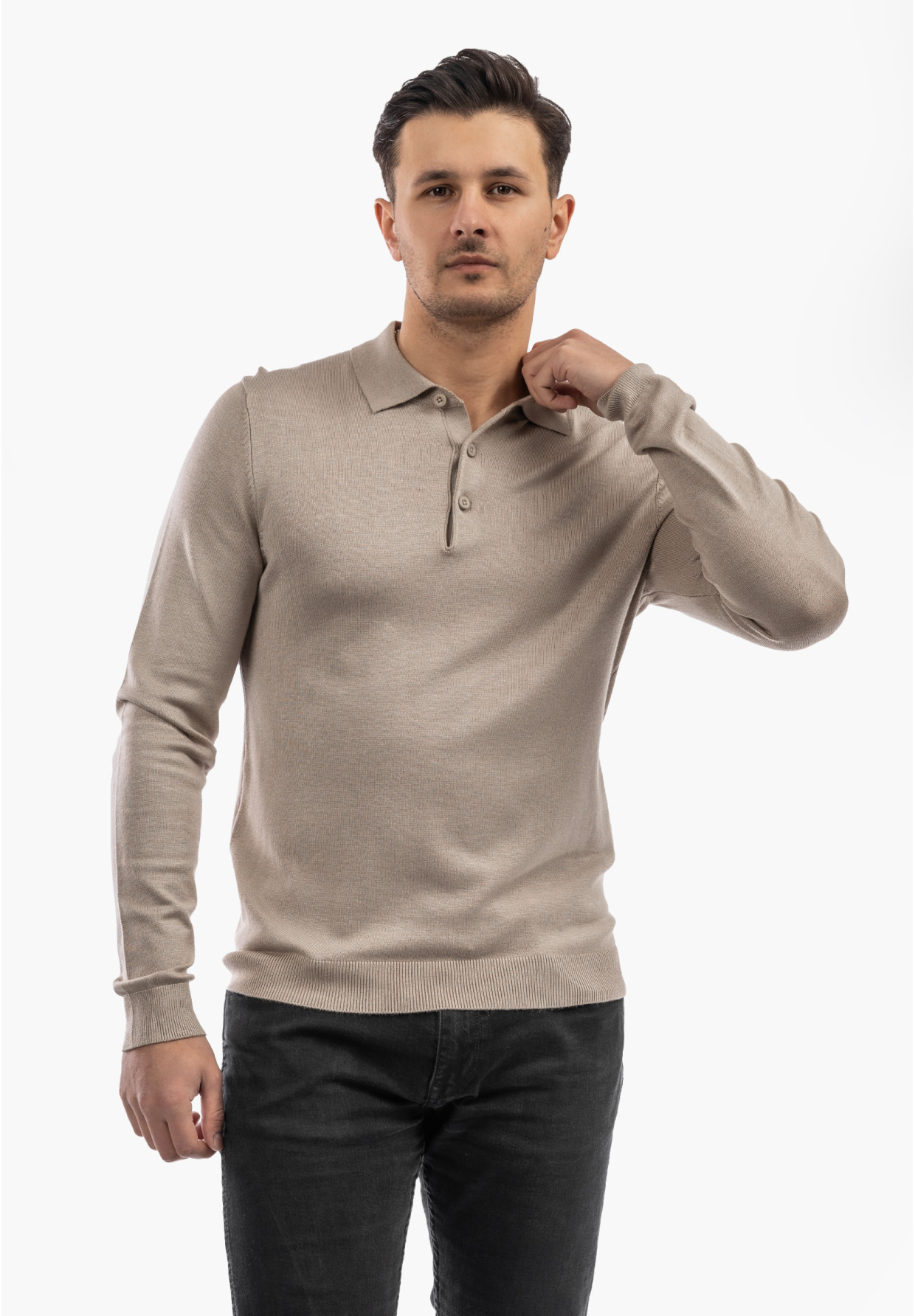Sweter Męski Z Guzikami Elegancki Wiskoza Dopasowany Beżowy