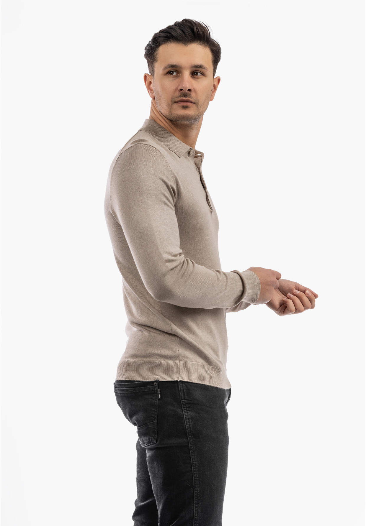 Sweter Męski Z Guzikami Elegancki Wiskoza Dopasowany Beżowy