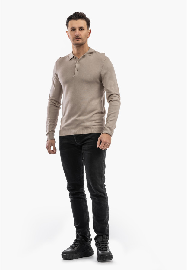 Sweter Męski Z Guzikami Elegancki Wiskoza Dopasowany Beżowy