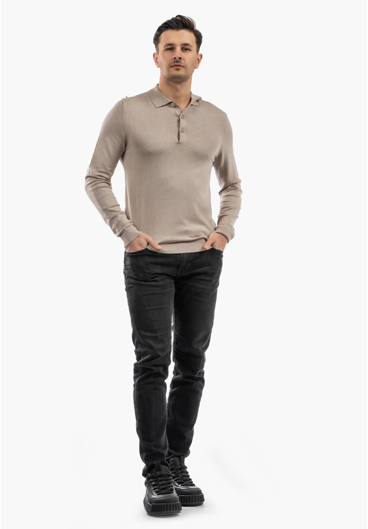 Sweter Męski Z Guzikami Elegancki Wiskoza Dopasowany Beżowy