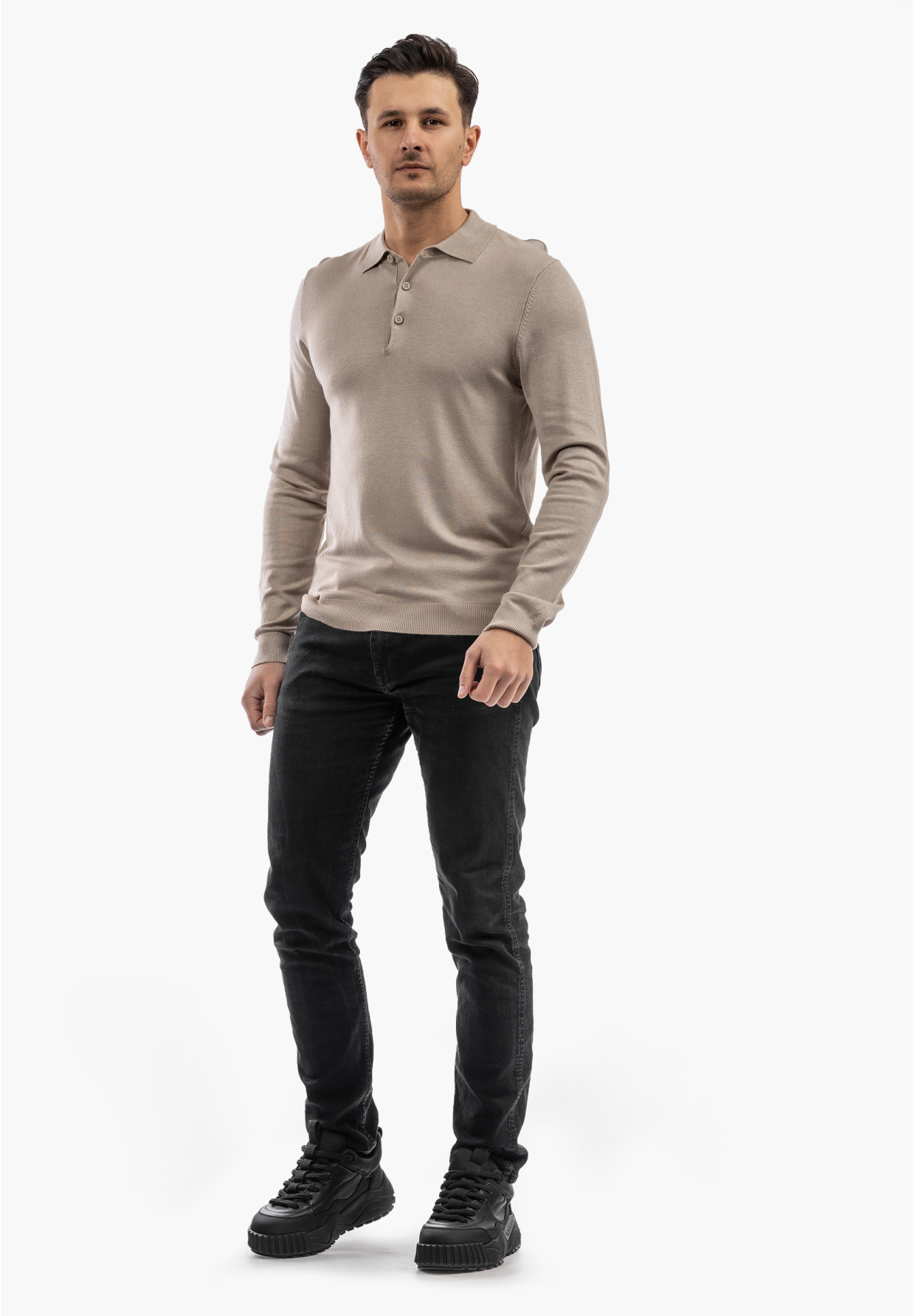 Sweter Męski Z Guzikami Elegancki Wiskoza Dopasowany Beżowy