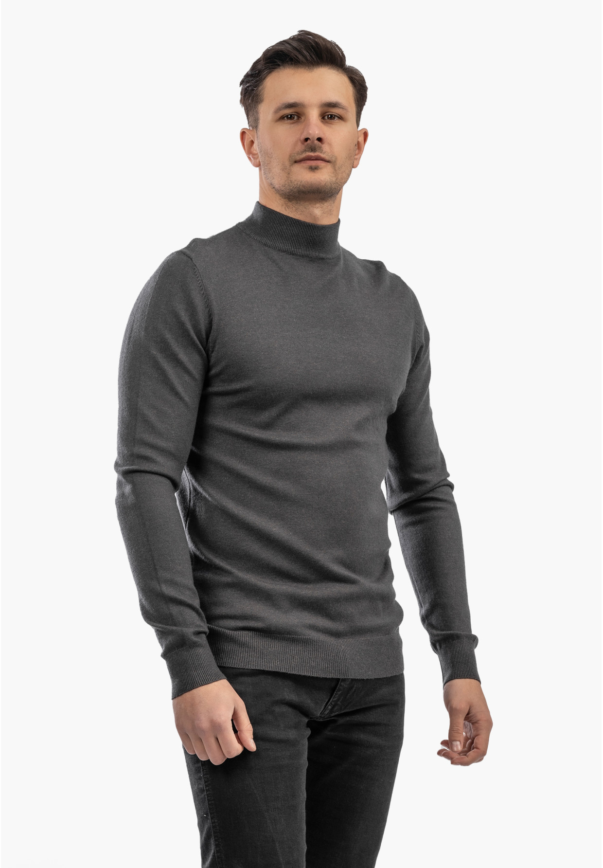Sweter Męski Półgolf Elegancki Wiskoza Dopasowany Ciemny Szary