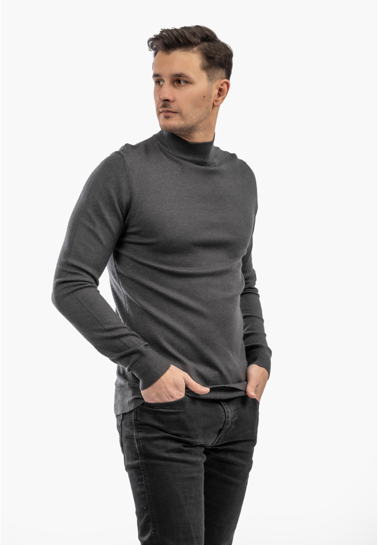 Sweter Męski Półgolf Elegancki Wiskoza Dopasowany Ciemny Szary