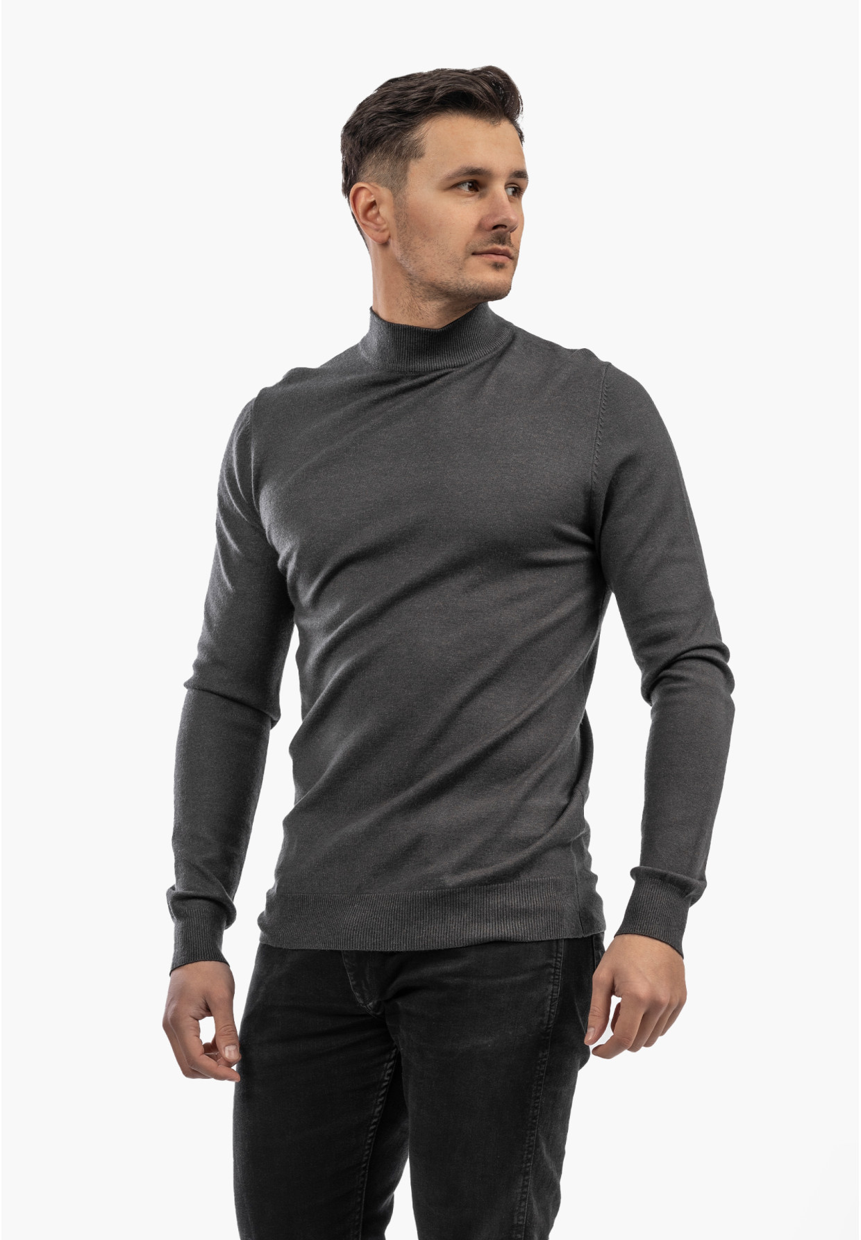 Sweter Męski Półgolf Elegancki Wiskoza Dopasowany Ciemny Szary