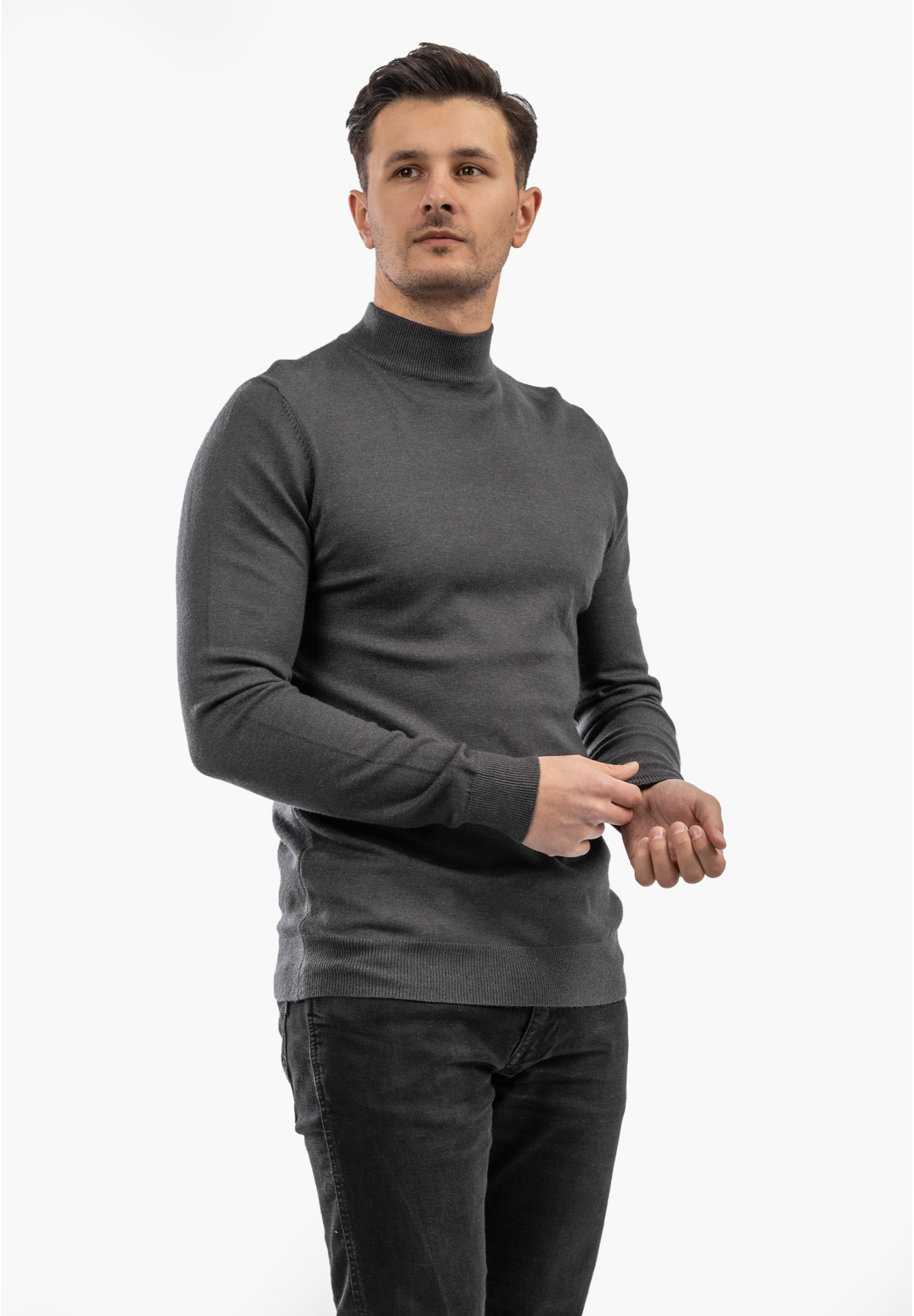 Sweter Męski Półgolf Elegancki Wiskoza Dopasowany Ciemny Szary