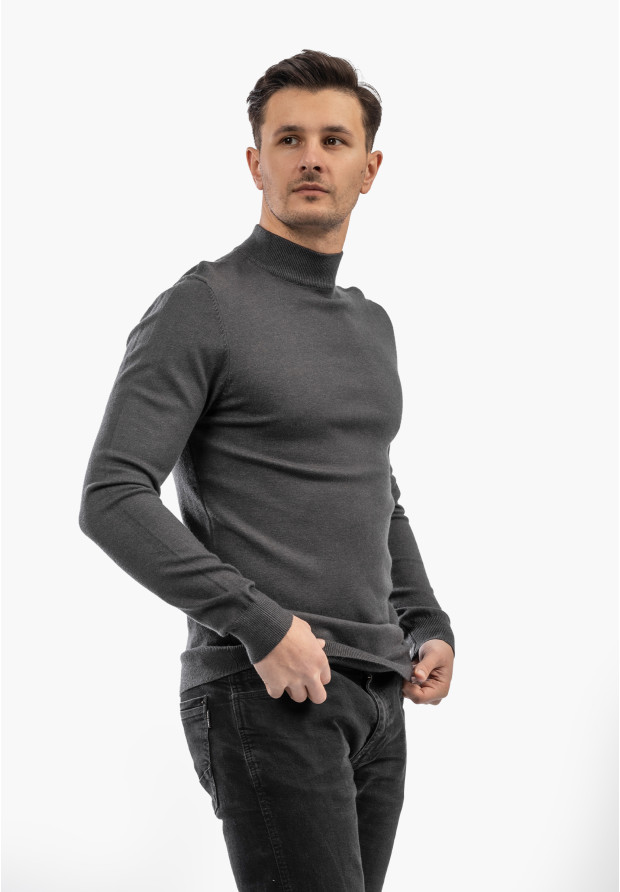Sweter Męski Półgolf Elegancki Wiskoza Dopasowany Ciemny Szary