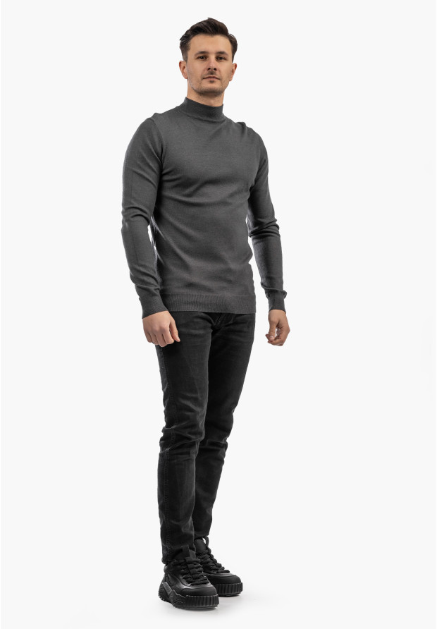 Sweter Męski Półgolf Elegancki Wiskoza Dopasowany Ciemny Szary