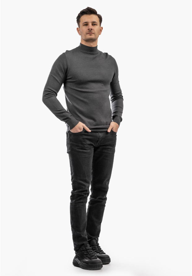 Sweter Męski Półgolf Elegancki Wiskoza Dopasowany Ciemny Szary