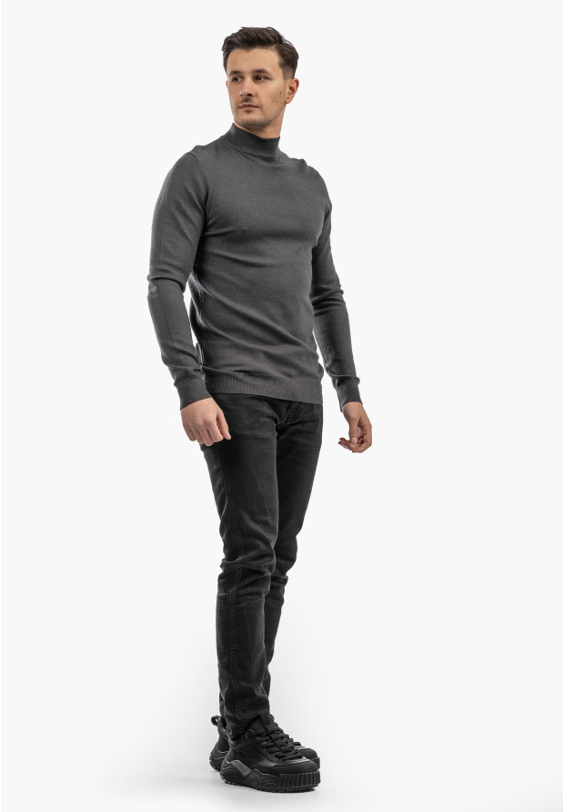 Sweter Męski Półgolf Elegancki Wiskoza Dopasowany Ciemny Szary