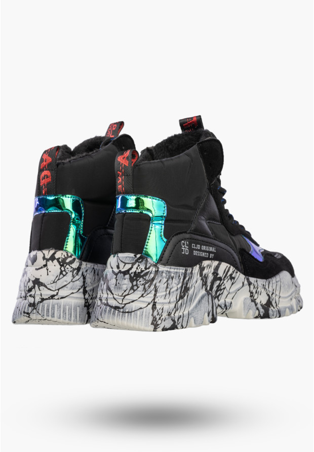 Sneakersy Damskie Ekoskóra Ocieplane Zimowe Botki Stylowe Czarne