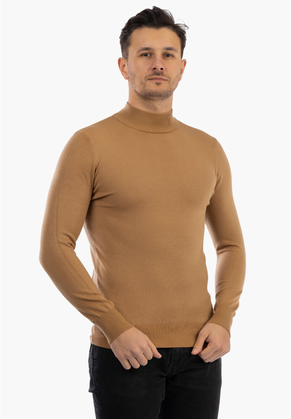 Sweter Męski Półgolf Elegancki Dopasowany Klasyczny Camel