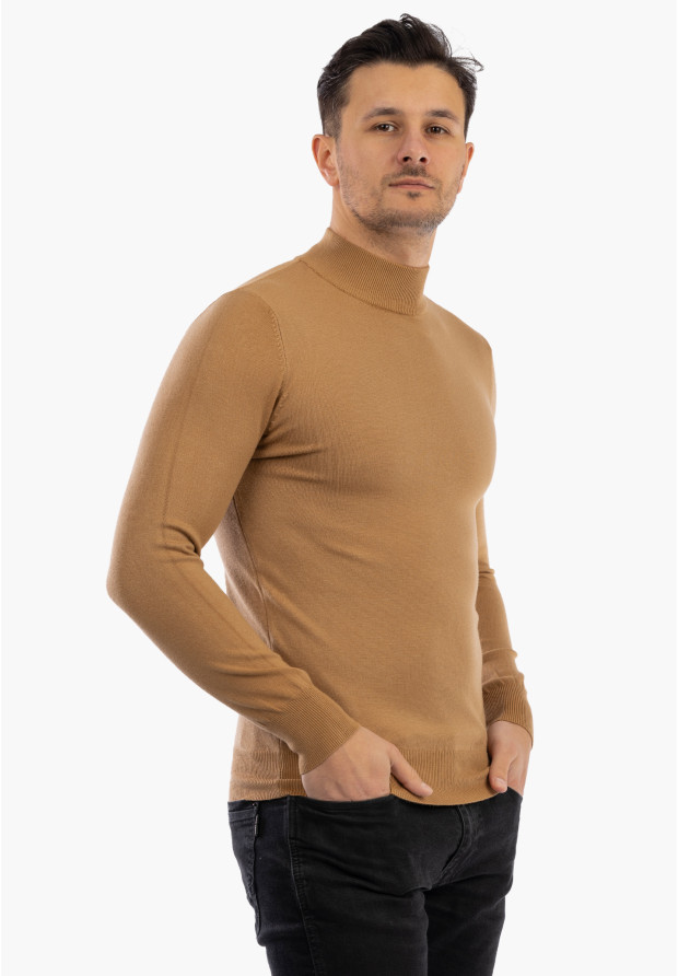 Sweter Męski Półgolf Elegancki Dopasowany Klasyczny Camel