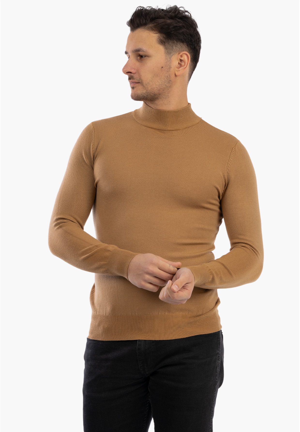 Sweter Męski Półgolf Elegancki Dopasowany Klasyczny Camel