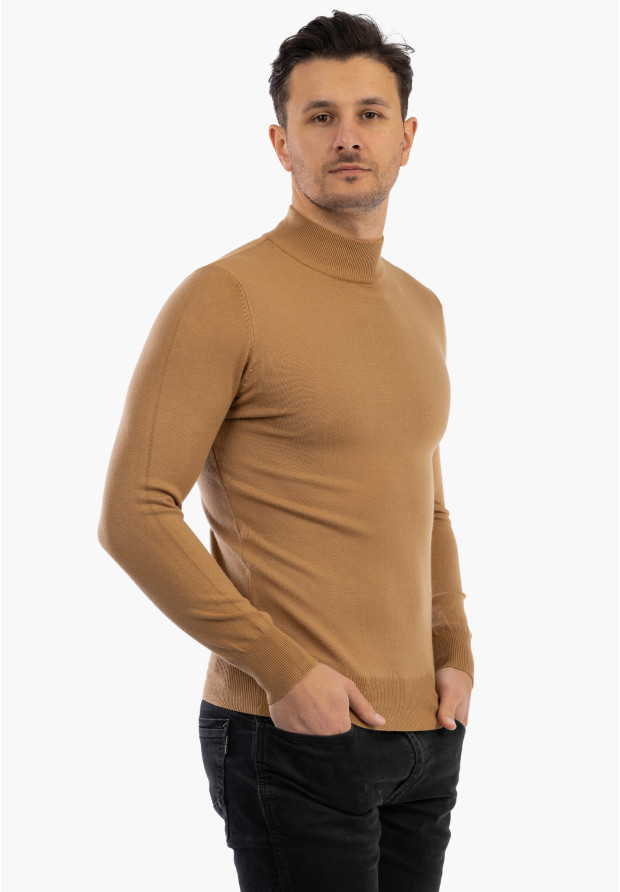 Sweter Męski Półgolf Elegancki Dopasowany Klasyczny Camel