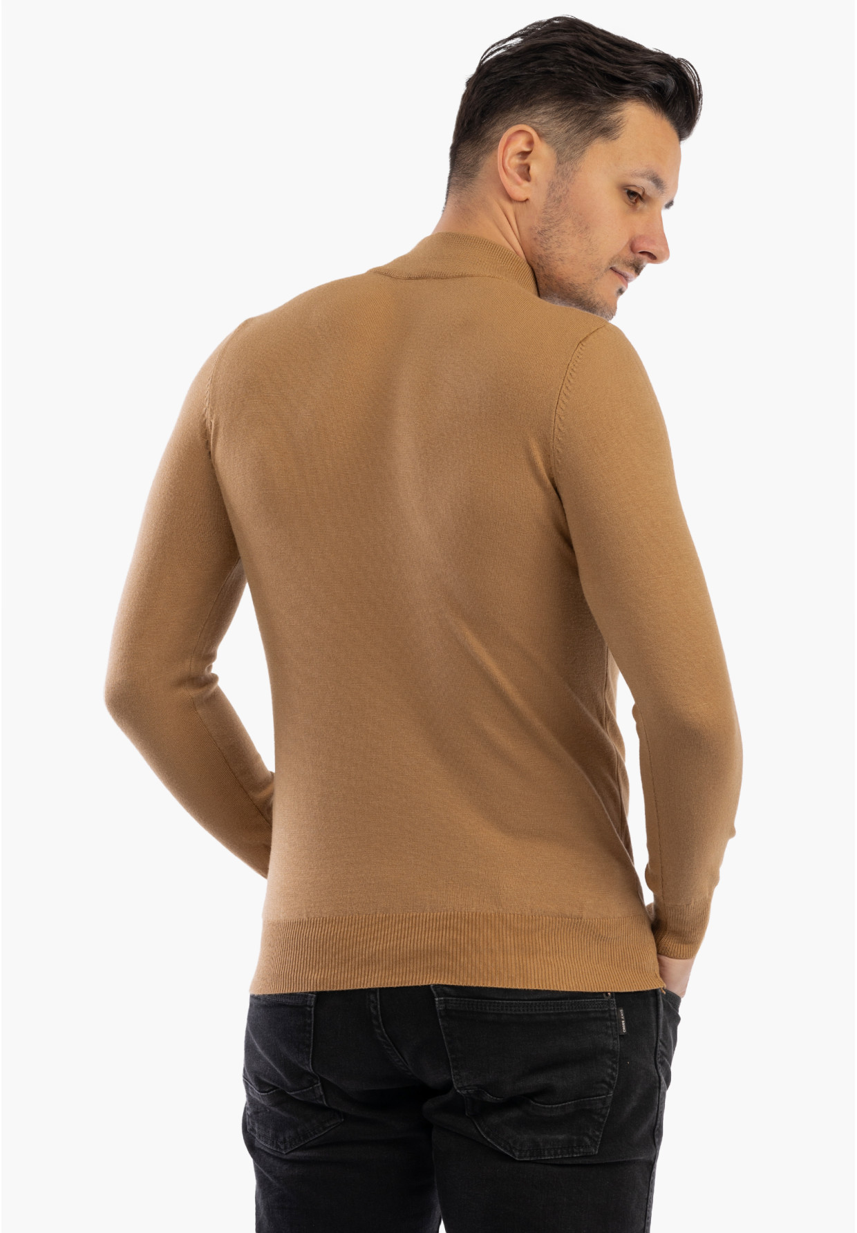 Sweter Męski Półgolf Elegancki Dopasowany Klasyczny Camel