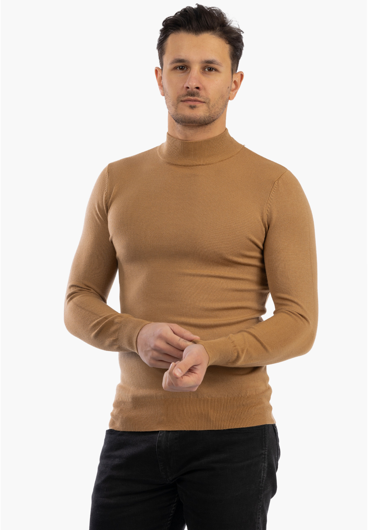 Sweter Męski Półgolf Elegancki Dopasowany Klasyczny Camel