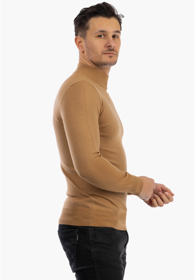 Sweter Męski Półgolf Elegancki Dopasowany Klasyczny Camel