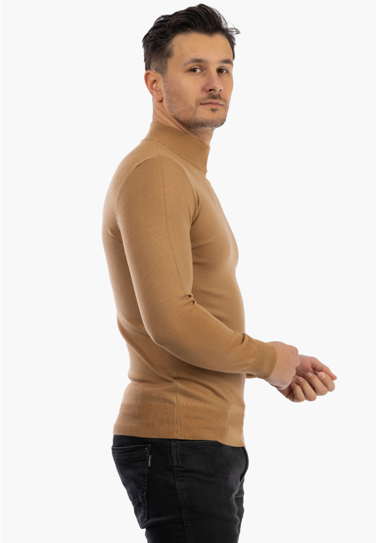 Sweter Męski Półgolf Elegancki Dopasowany Klasyczny Camel