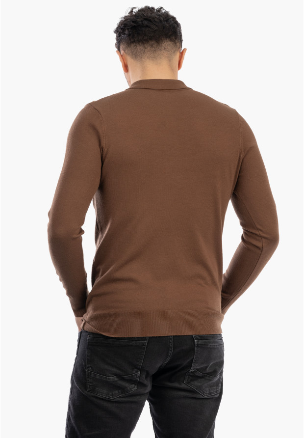 Sweter Męski Z Kołnierzem Elegancki Dopasowany Klasyczny Z Zamkiem Brązowy