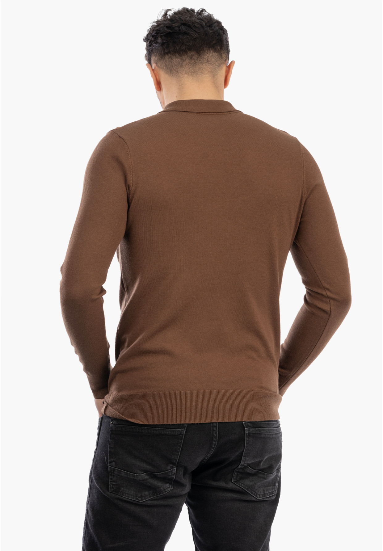 Sweter Męski Z Kołnierzem Elegancki Dopasowany Klasyczny Z Zamkiem Brązowy