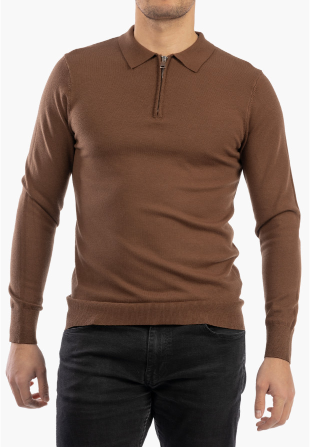 Sweter Męski Z Kołnierzem Elegancki Dopasowany Klasyczny Z Zamkiem Brązowy