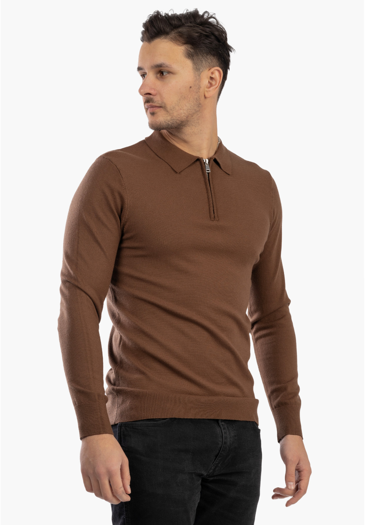 Sweter Męski Z Kołnierzem Elegancki Dopasowany Klasyczny Z Zamkiem Brązowy