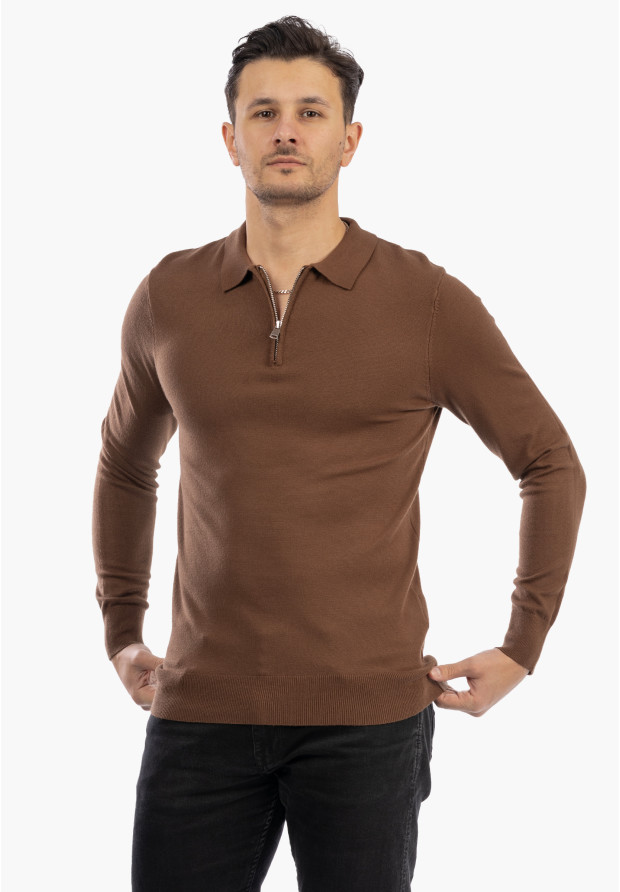 Sweter Męski Z Kołnierzem Elegancki Dopasowany Klasyczny Z Zamkiem Brązowy