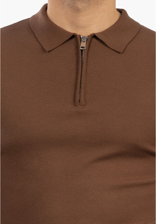 Sweter Męski Z Kołnierzem Elegancki Dopasowany Klasyczny Z Zamkiem Brązowy