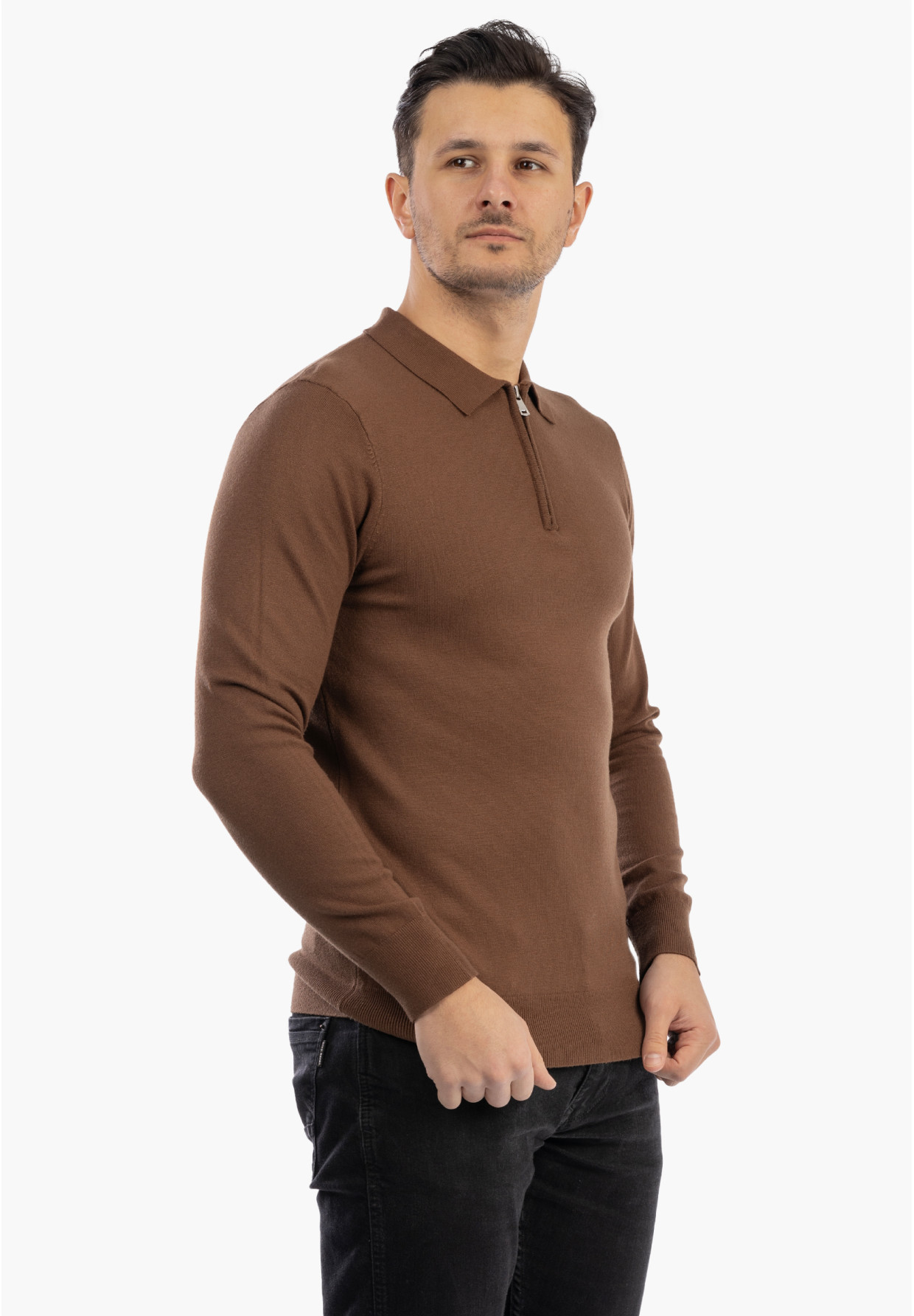 Sweter Męski Z Kołnierzem Elegancki Dopasowany Klasyczny Z Zamkiem Brązowy