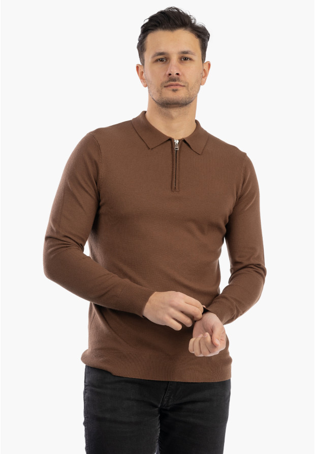 Sweter Męski Z Kołnierzem Elegancki Dopasowany Klasyczny Z Zamkiem Brązowy