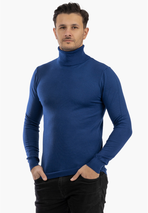 Sweter Męski Golf Elegancki Wiskoza Dopasowany Ciemny Niebieski