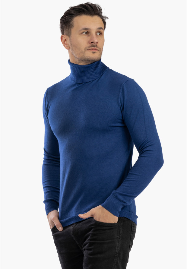 Sweter Męski Golf Elegancki Wiskoza Dopasowany Ciemny Niebieski