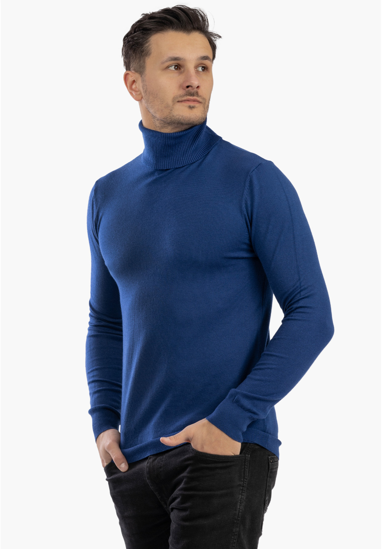 Sweter Męski Golf Elegancki Wiskoza Dopasowany Ciemny Niebieski